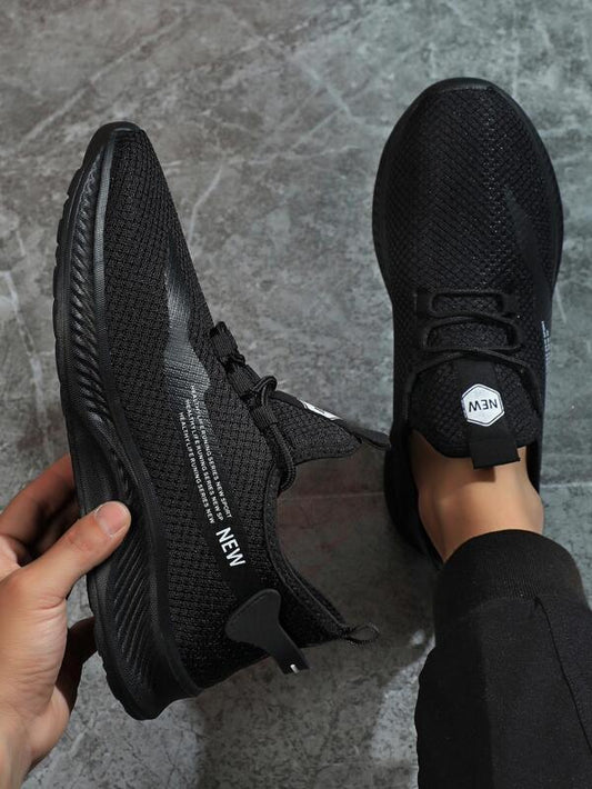 Men Breathable Letter Graphic Lace Up Running Shoes, Sporty Black Fabric Sneakers For Summer