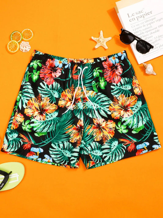 Men Tropical Print Drawstring Swim Trunks