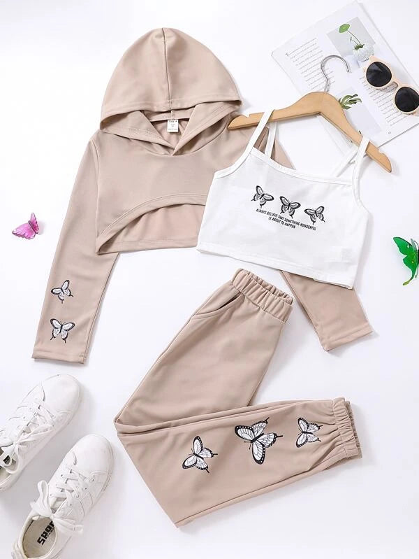 Girls Slogan & Butterfly Print Cami Top & Hoodie & Sweatpants