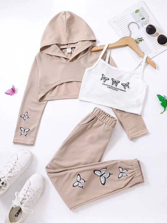 Girls Slogan & Butterfly Print Cami Top & Hoodie & Sweatpants