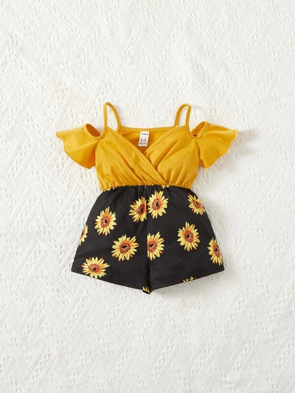 SHEIN Baby Sunflower Print Cold Shoulder Romper