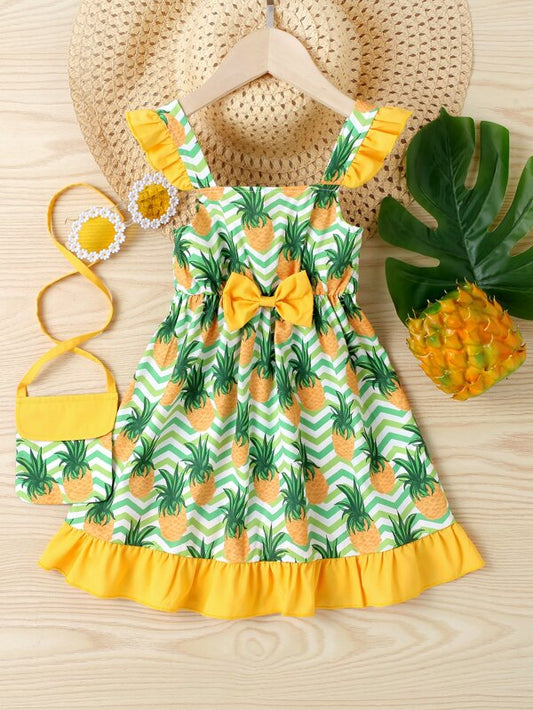 SHEIN Kids CHARMNG Toddler Girls Chevron And Pineapple Print Ruffle Trim Bow Front Dress With Accessory Bag