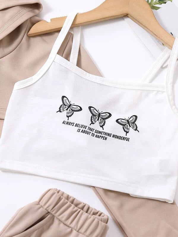 Girls Slogan & Butterfly Print Cami Top & Hoodie & Sweatpants