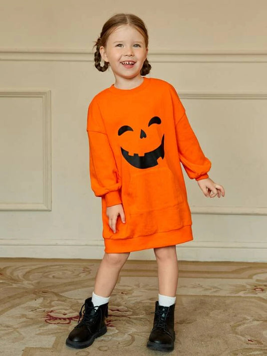 SHEIN Toddler Girls Halloween Print Drop Shoulder Sweatshirt Dress
