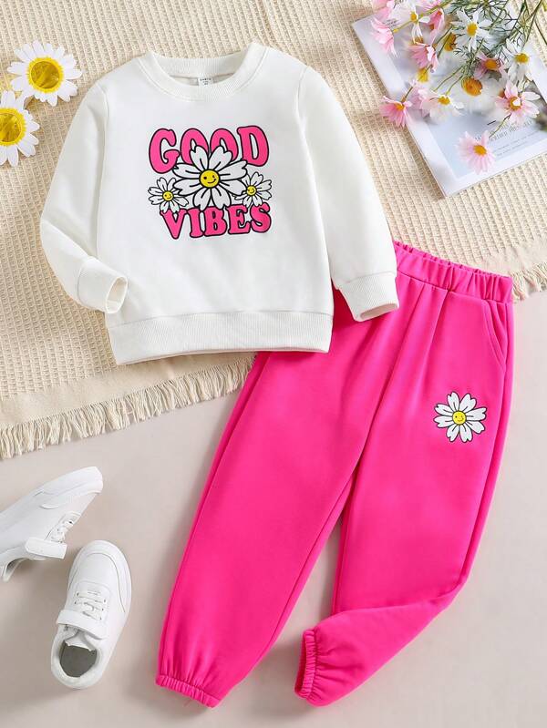 Young Girl Floral & Letter Graphic Sweatshirt & Sweatpants