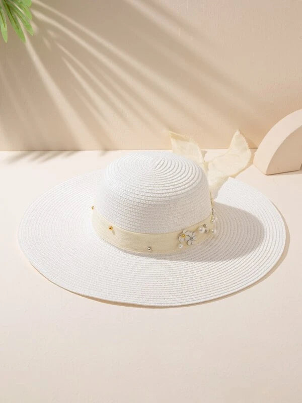 Faux Pearl & Floral Decor Straw Hat