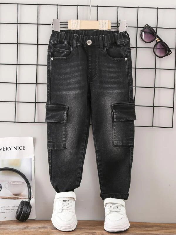 Toddler Boys Bleach Wash Flap Pocket Side Cargo Jeans