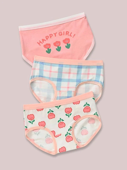 Toddler Girls 3pcs Letter & Plaid Print Contrast Piping Brief