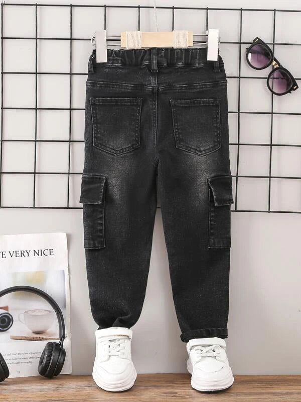 Toddler Boys Bleach Wash Flap Pocket Side Cargo Jeans