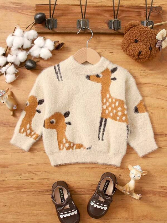 SHEIN Kids QTFun Toddler Girls Deer Pattern Fluffy Sweater