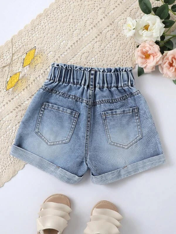 SHEIN Kids EVRYDAY Toddler Girls Paperbag Waist Roll Up Hem Denim Shorts