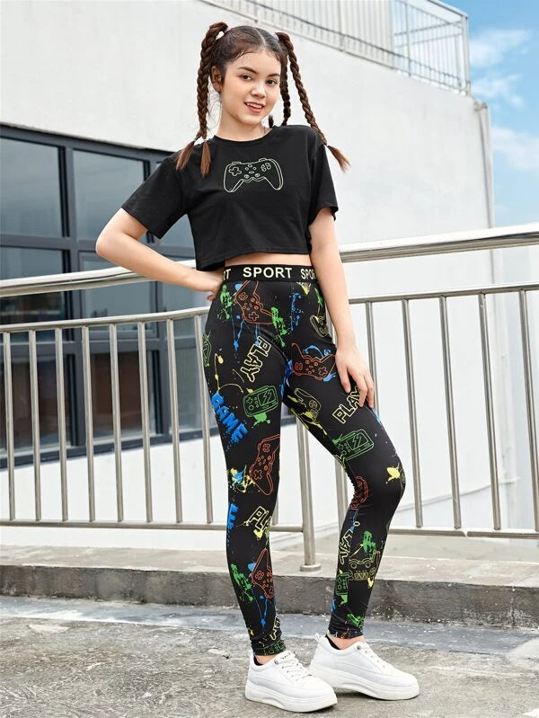 SHEIN Teen Girls Reflective Graphic Print Top & Leggings