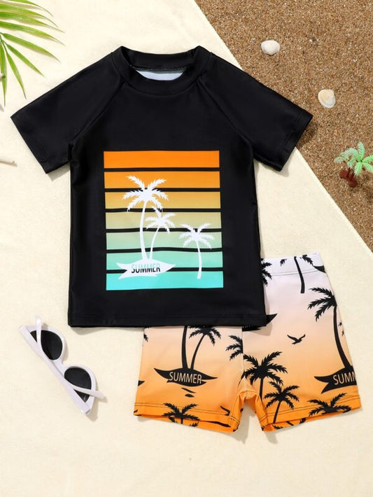 SHEIN Kids SUNSHNE Toddler Boys Coconut Tree Print Beach Swimsuit