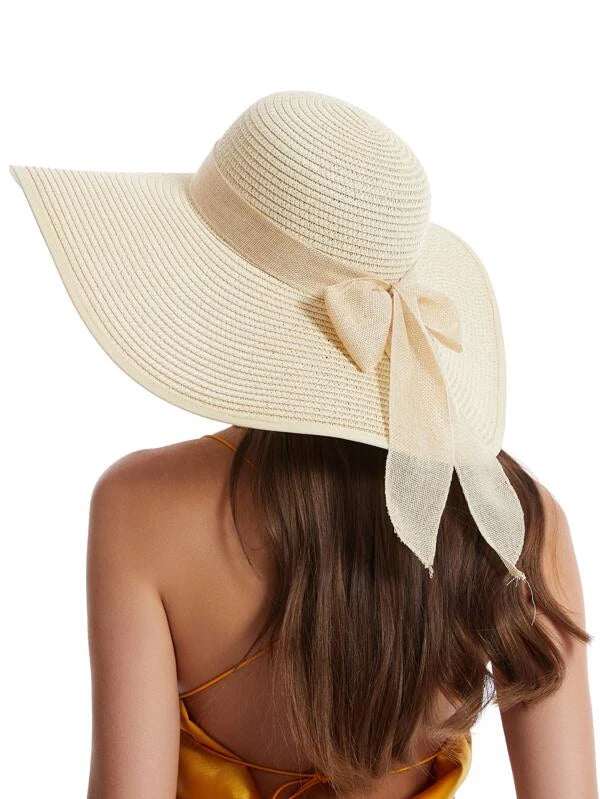 1pc Women Bow Decor Big Brim Boho Hat For Summer