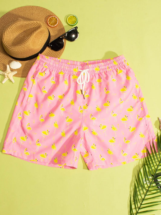 Men Allover Flamingo Print Drawstring Waist Swim Trunks