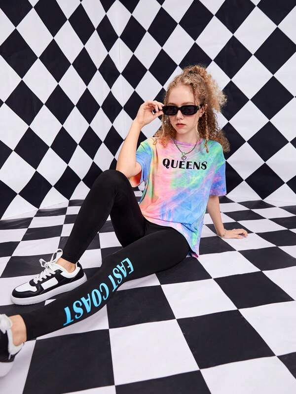 SHEIN Teen Girl Tie Dye Letter Graphic Tee & Leggings