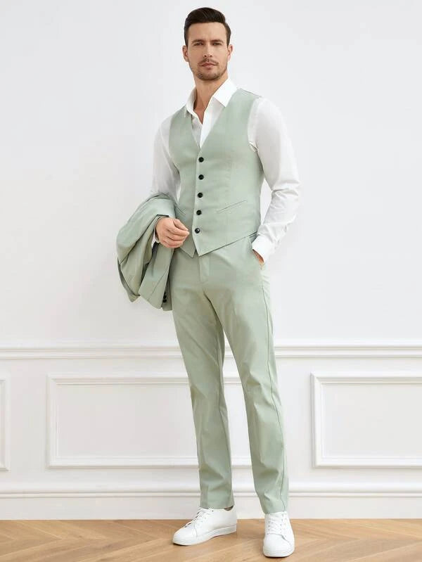 SHEIN Men Button Front Blazer & Vest & Suit Pants