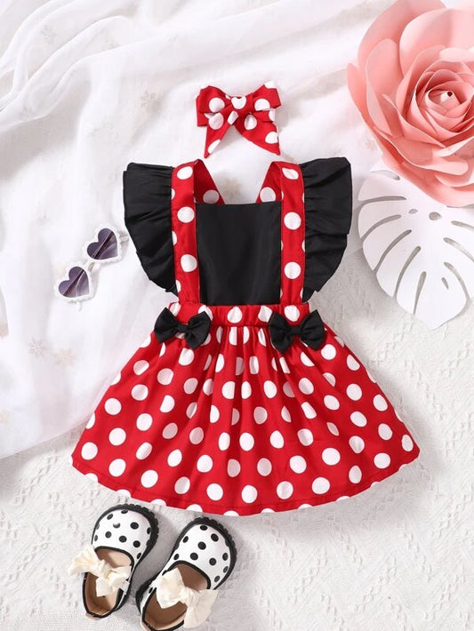 Baby Polka Dot Ruffle Trim Bow Front Overall Dress