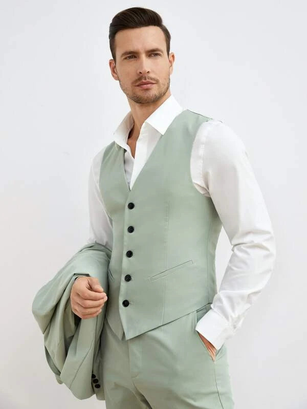 SHEIN Men Button Front Blazer & Vest & Suit Pants