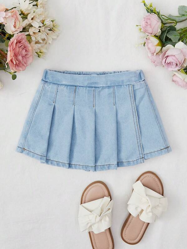 SHEIN Young Girl Solid Pleated Denim Skort