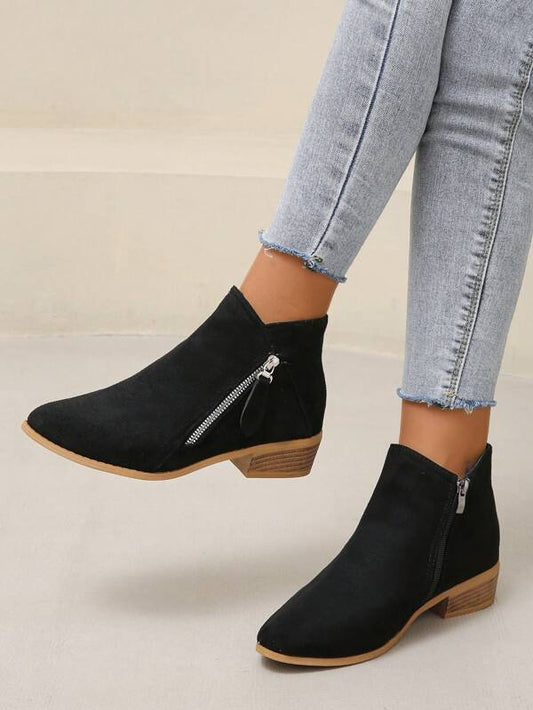 Women's Autumn/winter Fashion Chunky Heel Suede Pointed Toe Side Zipper Ankle Boots