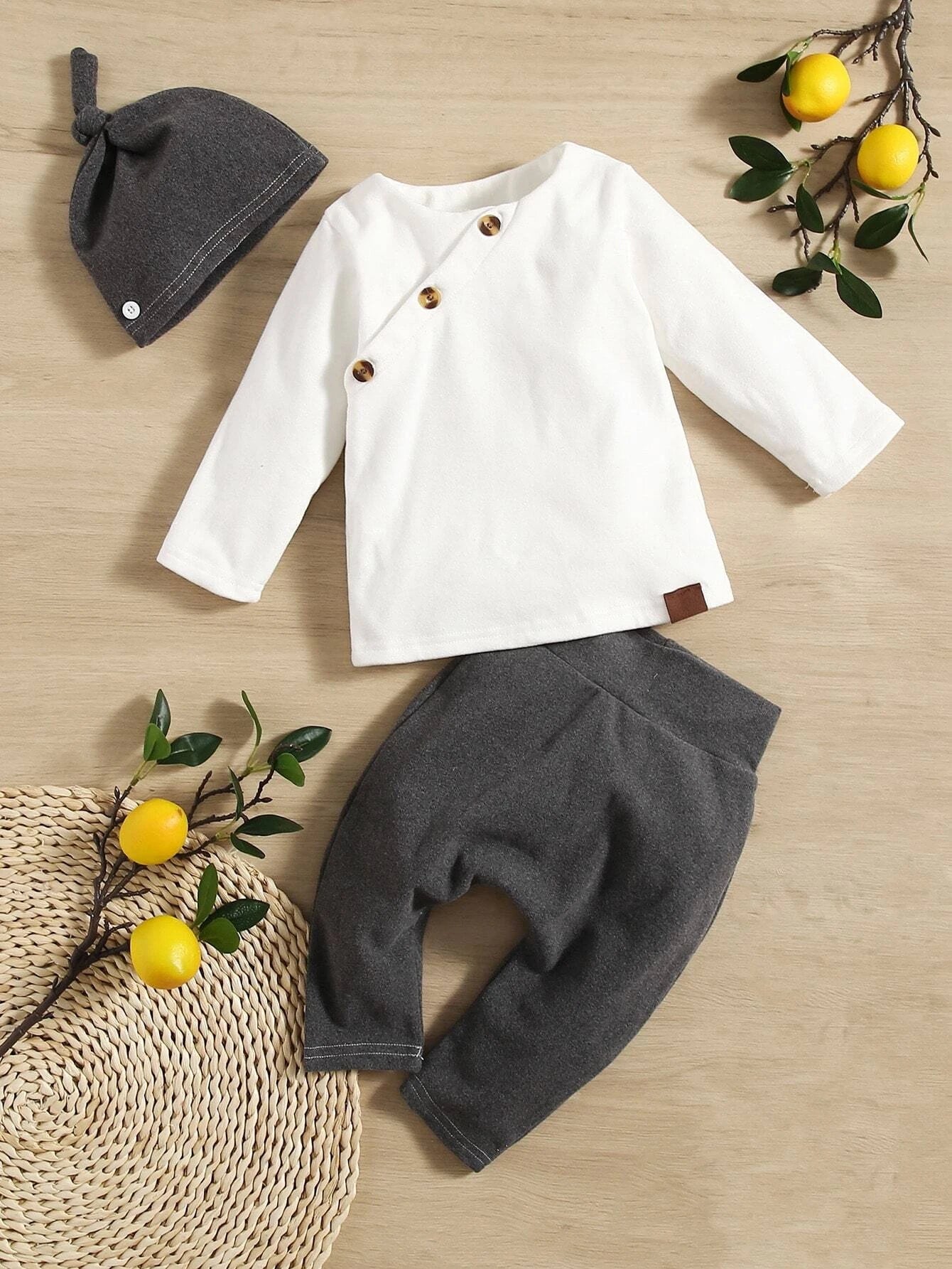 Baby Button Front Color Block Tee & Pants & Hat