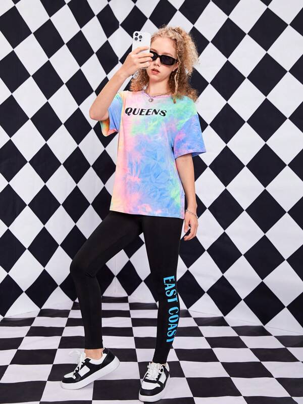 SHEIN Teen Girl Tie Dye Letter Graphic Tee & Leggings