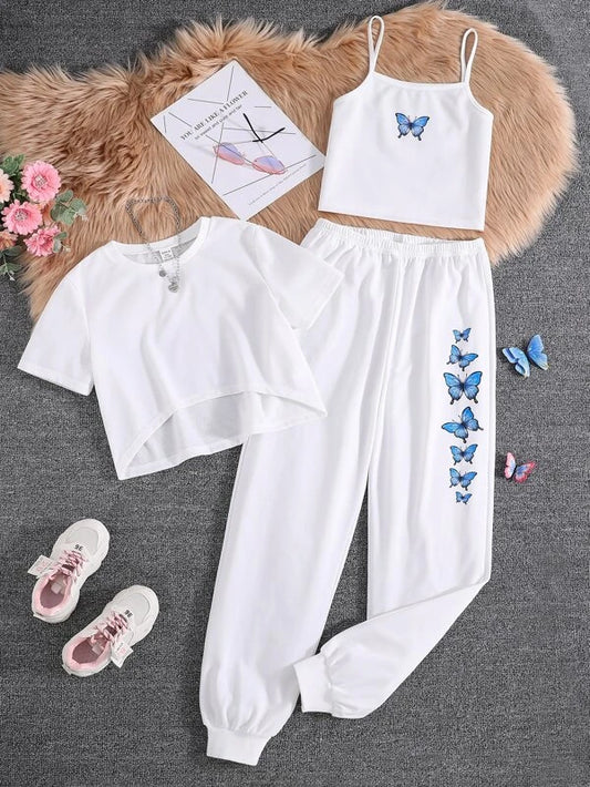 Teen Girls Butterfly Print Cami Top & Sweatpants & High Low Tee