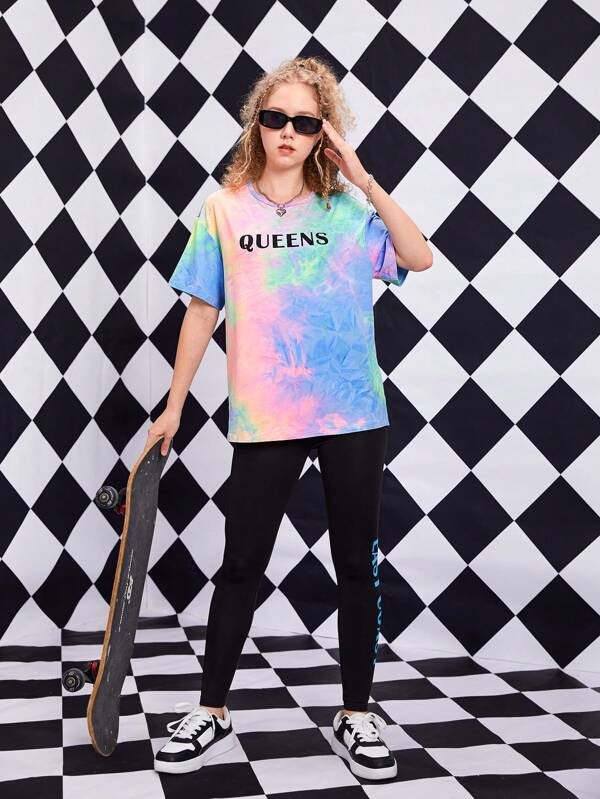 SHEIN Teen Girl Tie Dye Letter Graphic Tee & Leggings