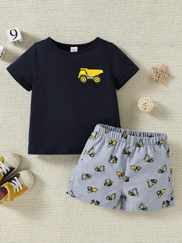 Baby Boy Truck & Excavator Print Tee & Shorts