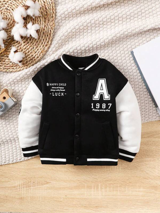 Young Boy Letter Graphic Striped Trim Varsity Jacket