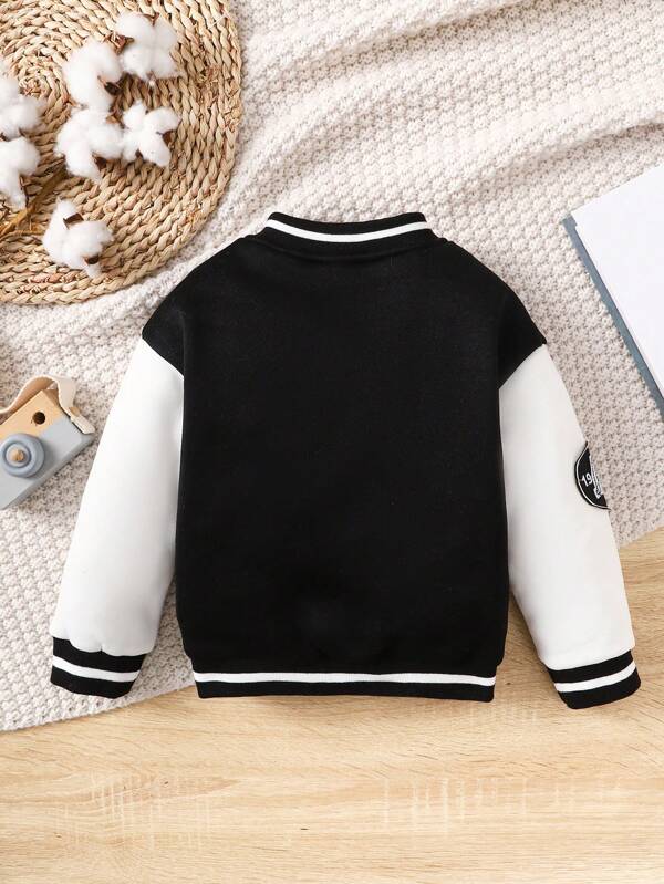 Young Boy Letter Graphic Striped Trim Varsity Jacket