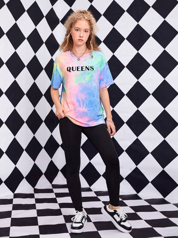 SHEIN Teen Girl Tie Dye Letter Graphic Tee & Leggings