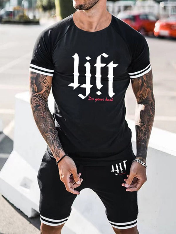 Men Slogan Graphic Striped Trim Sports Tee & Shorts