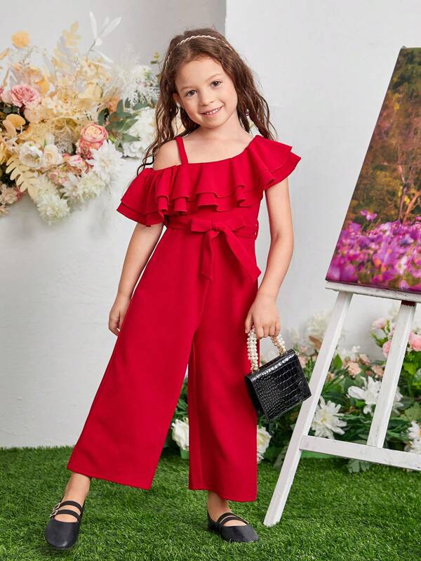 SHEIN Kids CHARMNG Toddler Girls Asymmetrical Neck Ruffle Trim Belted Wide Leg Jumpsuit