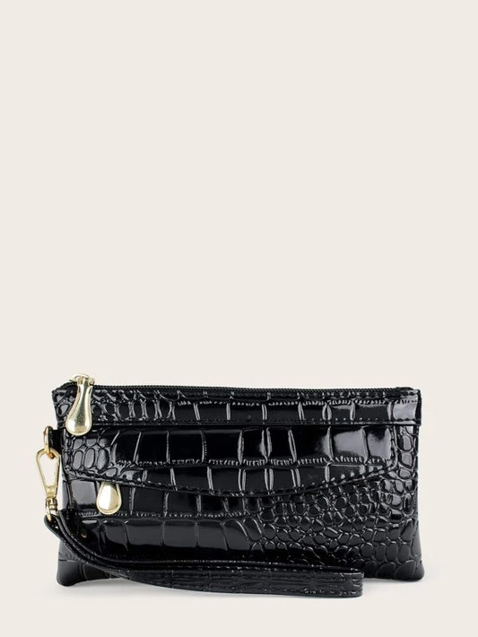 Crocodile Embossed Clutch Wallet, Women's Long Zipper Hand Bag For Coin & Card, Purse With Wristlet