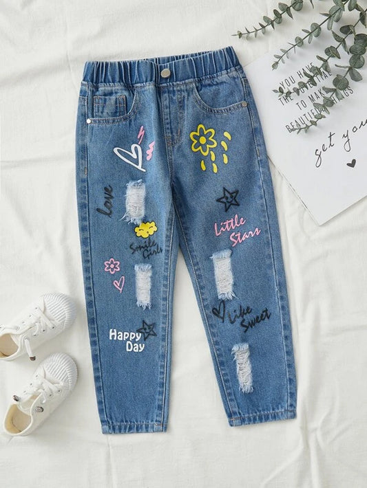 Toddler Girls Cartoon & Letter Graphic Ripped Jeans