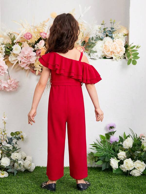 SHEIN Kids CHARMNG Toddler Girls Asymmetrical Neck Ruffle Trim Belted Wide Leg Jumpsuit