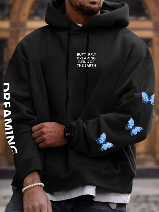 Manfinity Homme Men 1pc Letter & Butterfly Print Kangaroo Pocket Drawstring Thermal Hoodie