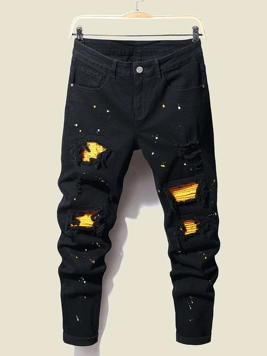 Manfinity EMRG Men Cotton Splash Ink Print Ripped Patched Jeans