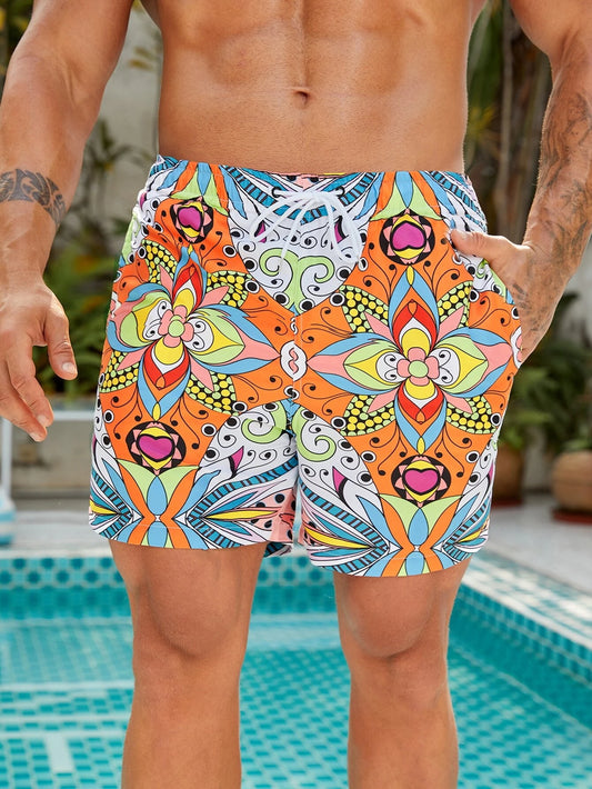 Men Floral Print Drawstring Waist Swim Trunks