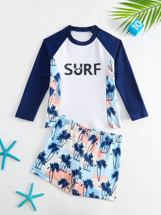 SHEIN Kids SUNSHNE Toddler Boys Palm Tree Print Beach Swimsuit