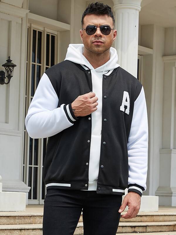 Extended Sizes Men Letter Patched Two Tone Drop Shoulder Varsity Jacket Without Hoodie