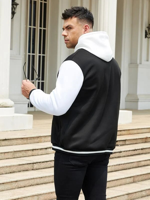 Extended Sizes Men Letter Patched Two Tone Drop Shoulder Varsity Jacket Without Hoodie