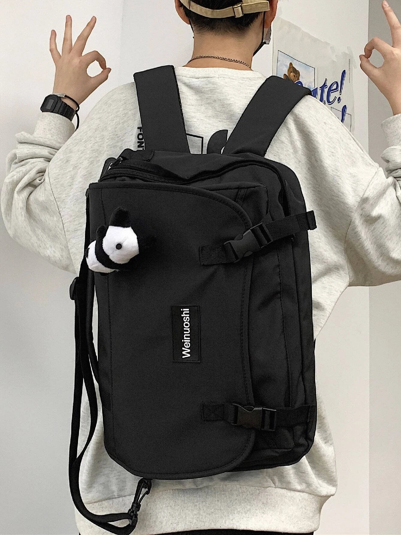 Men Letter Patch Decor Casual Daypack With Cartoon Bag Charm