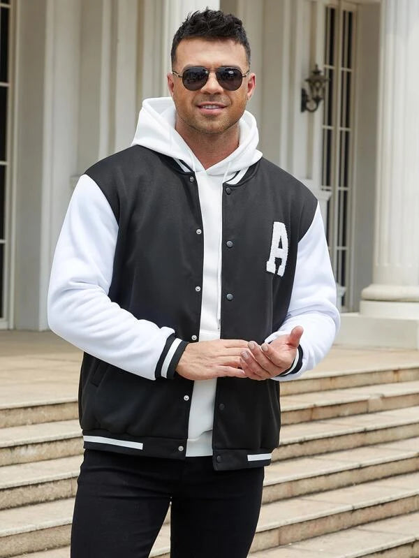 Extended Sizes Men Letter Patched Two Tone Drop Shoulder Varsity Jacket Without Hoodie