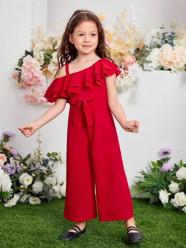 SHEIN Kids CHARMNG Toddler Girls Asymmetrical Neck Ruffle Trim Belted Wide Leg Jumpsuit