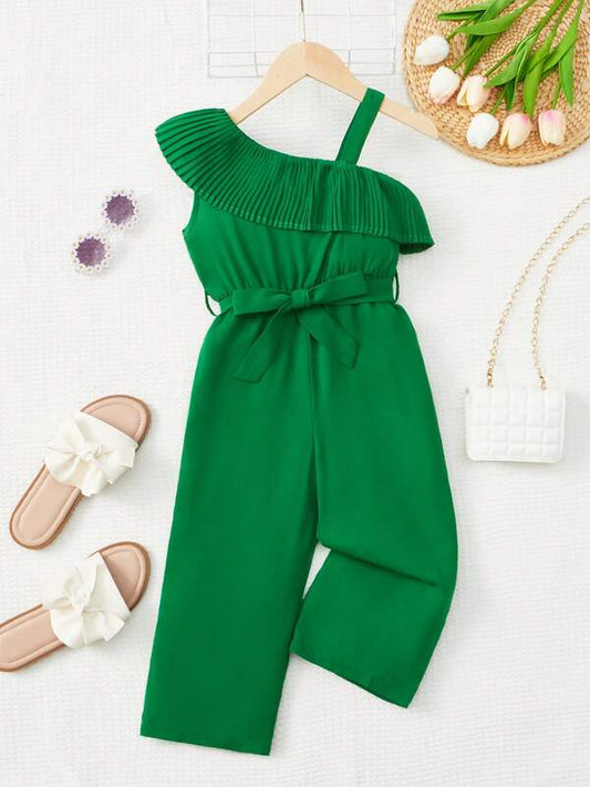 SHEIN Toddler Girls Asymmetrical Neck Ruffle Trim Belted Jumpsuit