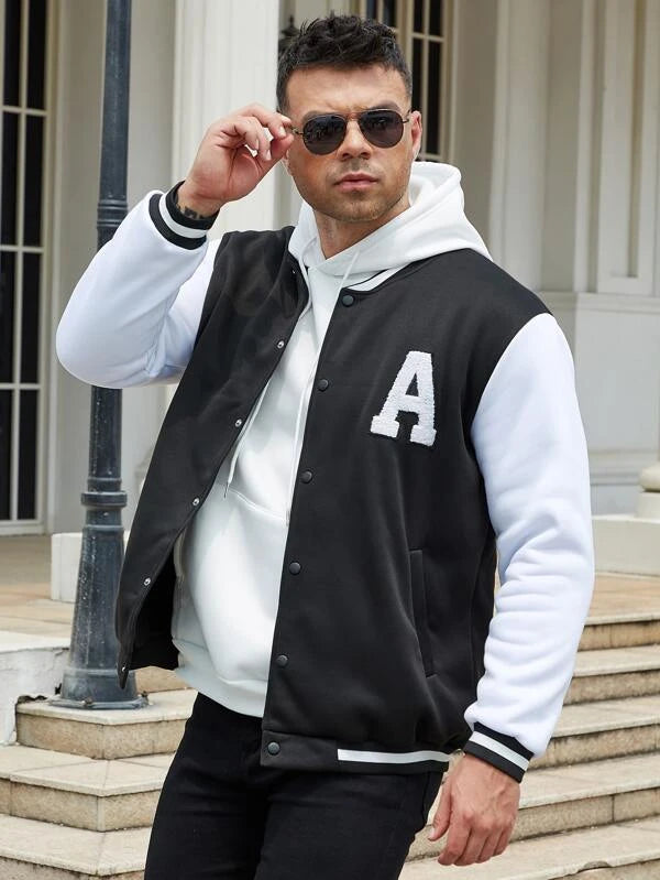 Extended Sizes Men Letter Patched Two Tone Drop Shoulder Varsity Jacket Without Hoodie