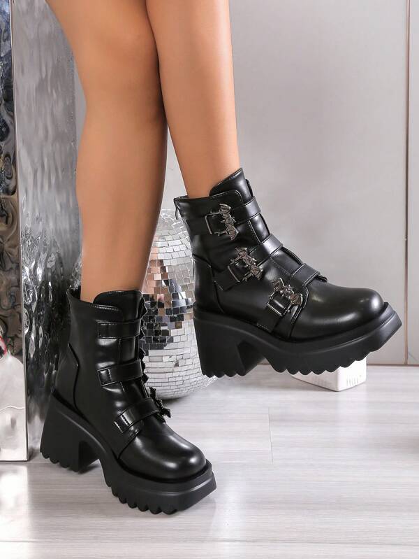 Women's Fashionable Pu Belt Buckle High Heel Platform Boots